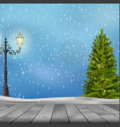 Christmas Tree And Lamp Post On Winter Background