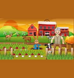 Farm At Sunset Time Scene With Old Farmer Man