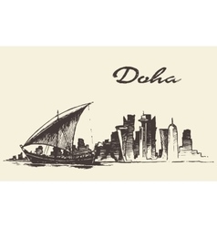 Doha Skyline Dhow Qatar Hand Drawn Sketch