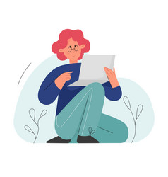 Cute Sitting Girl With Glasses Reading A Paper