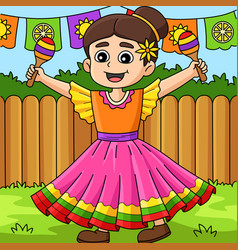 Cinco De Mayo Mexican Girl Maracas Colored Cartoon