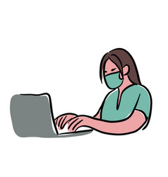 Woman With Mask Working On Computer