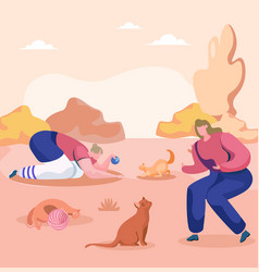 Two Women Are Playing With Their Pets Cats