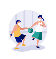 Woman And Man With Mask Playing Basketball At Home