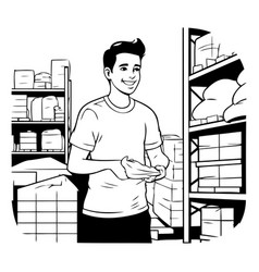 Young Man Worker In Warehouse In Cartoon Comic