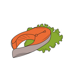 Salmon Fish Steak On A Lettuce Leaf Line Art