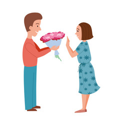 A Man Brings Flowers To Shy Woman Flat