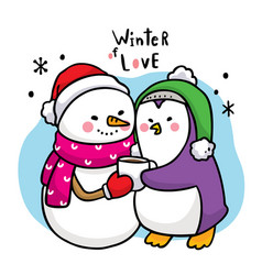 Hand Draw Cartoon Cute Winter Snowman Hug Penguin