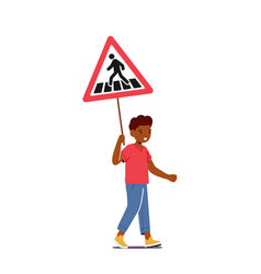 Kid Holding Road Sign Pedestrian Passing Crossroad