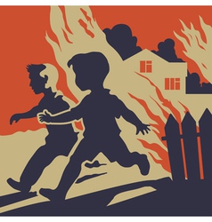 Children Running Away From Fire Flames