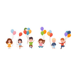 Cute Kids Holding Colorful Balloons Cartoon Flat