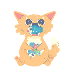 Cute Ginger Cat With Big Mouth Eating Fish Kawaii