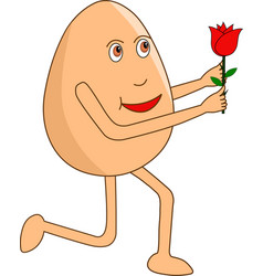 Egg Cartoon Standing On Knee And Giving Rose