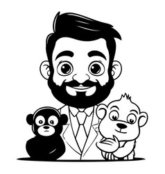 A Man Doctor With Two Little Monkeys Cartoon Style