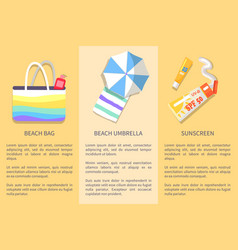 Set Of Posters Of Beach Bag Umbrella Sunscreen