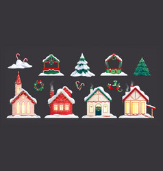 Christmas Houses Set On Dark Background With