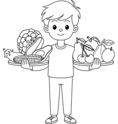 Boy Holding Fruits And Vegetables Coloring Page