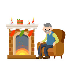 Old Man Sits In Chair By Fireplace