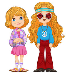 Two Girls Dressed In Colorful Retro Outfits