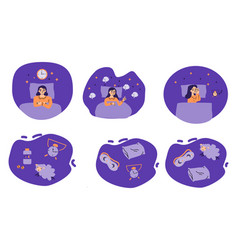 Set Of Cartoon Asleep Woman In Bedtime With