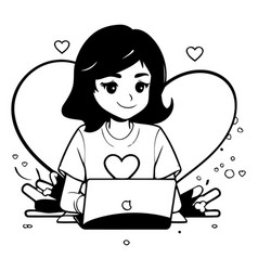 Girl With Laptop And Hearts In Doodle Style