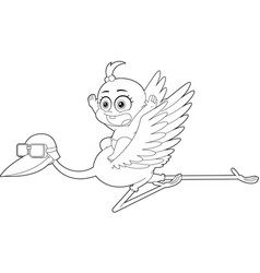 Outlined Cute Baby Girl Flying On Top Of A Stork