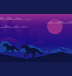 Wild West Night Desert Scene With Horses Running