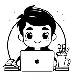 Cute Boy Using Laptop Computer In Cartoon Style