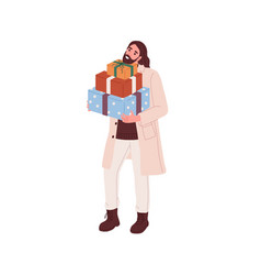 Happy Person Holding Christmas Gift Boxes Stack