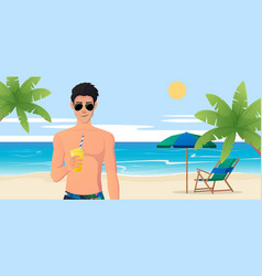 Man Wearing Sunglasses On The Beach And Drinking