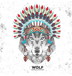 Hipster Animal Wolf With Indian Feather Headdress