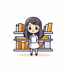 Cute Little Girl Standing At The Bookshelf