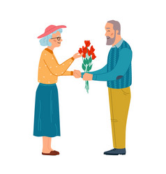 Mature Couple In Love Man Gives Flowers To Woman