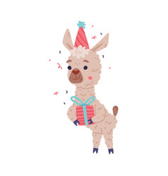 Cute Baby Llama In Party Hat Holding Gift Box