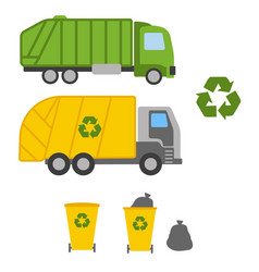 Garbage Truck And Cans On White Background