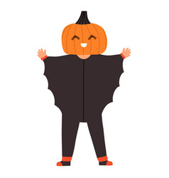 A Child In Bat Costume With Pumpkin On His