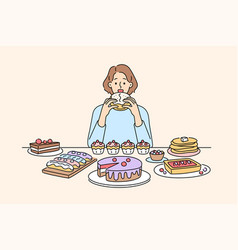 Woman Sit At Table Eating Numerous Desserts