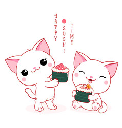 Two Cute White Cats With Maki Rolls Inscription