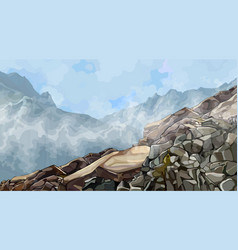 Painted Rocky Slope In Fog Among Mountains