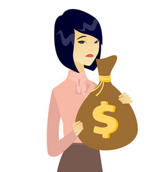 Upset Asian Business Woman With Bag Full Of Taxes