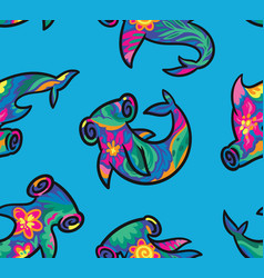 Seamless Pattern With Floral Hammerhead Sharks