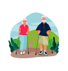 Elderly Couple Nordic Walking In The Mountains