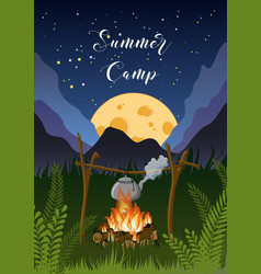 Summer Camp Poster With Night Mountain Grass Moon