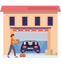 Woman Stands Near Garage With Opening Door Place