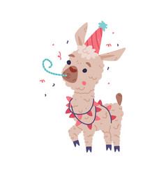 Cute Fluffy Baby Llama Wearing Party Hat Blowing