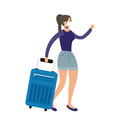 Woman Wearing Medical Mask With Suitcase Character