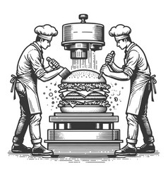 Chefs Cooking Giant Burger Engraving Sketch