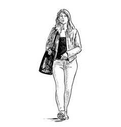 Sketch A Casual Girl Walking Down Street