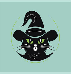 Black Cat With Witch Hat And Green Eyes