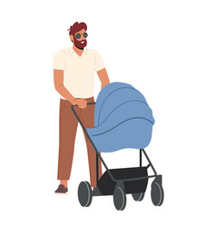 Young Dad And Little Baby In Stroller Walk